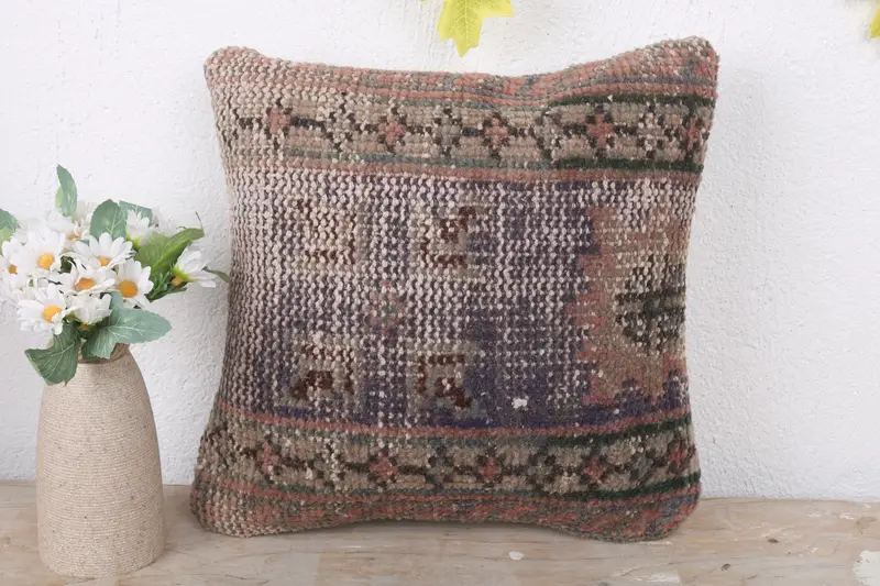 Pillow Sham, Boho Pillow, 12x12 Blue Cushion Cover, Antique Pillows, Vintage Cushion Case, Authentic Pillow Sham, Kilim Cushion Sham - 2