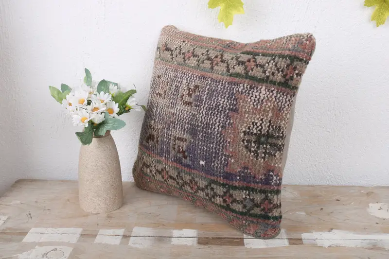 Pillow Sham, Boho Pillow, 12x12 Blue Cushion Cover, Antique Pillows, Vintage Cushion Case, Authentic Pillow Sham, Kilim Cushion Sham - 4