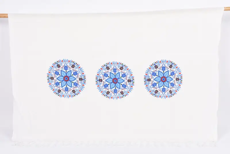 Blue Floral Patterned Towel, Handmade Turkish Cotton, 70x40 Inches