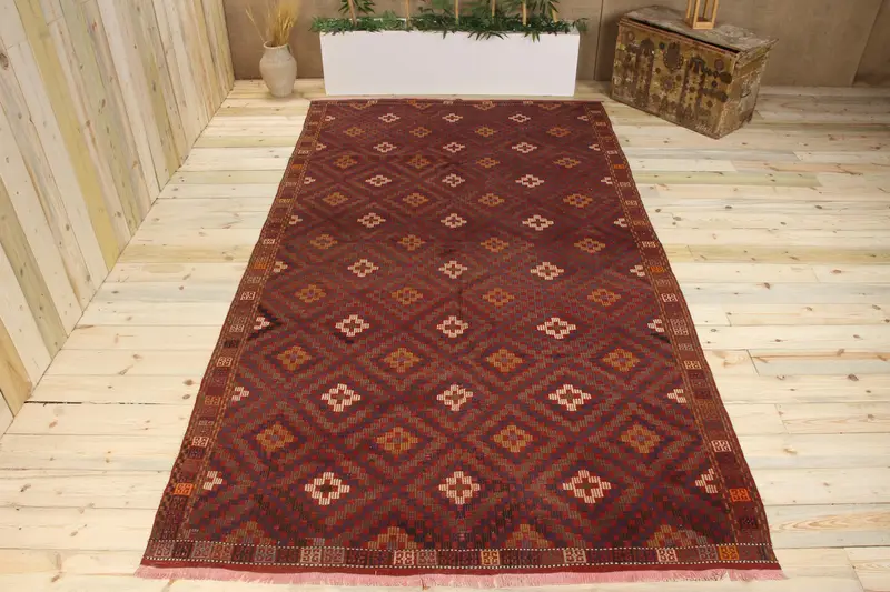 Handmade Blue Abstract Rug, 0.5x10.8 ft with Red Accents