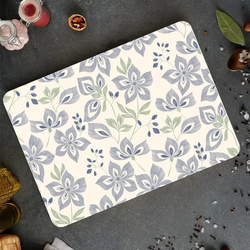 Mavi Çiçek Desenli Cam Kesme Tahtası, Temperli Güvenlik Tasarımı