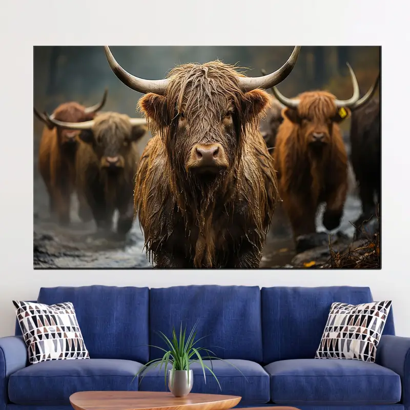 Elegante Küstenbauernhaus-Leinwand: Stier- und Kuhdruck