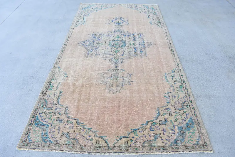 4.8x9.5 ft Vintage Rug, Turkish Large Rug, Beige Blue Polka dot Rug - 1