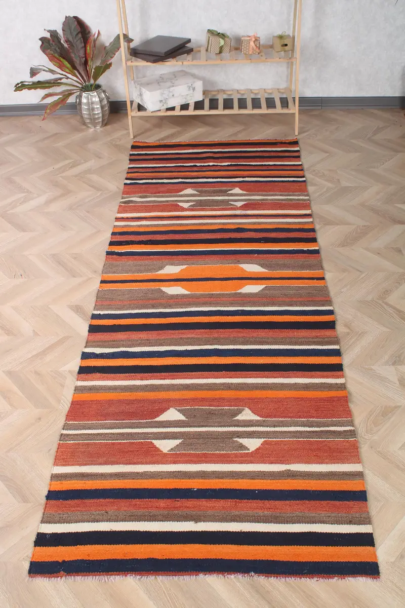 3.2x9 ft Turkish Rug, Vintage Runner Rug, Orange Brown Ombré Rug - 1