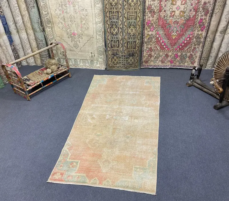 ベージュレインボーラグ、3.3x6.8フィート花柄幾何学模様