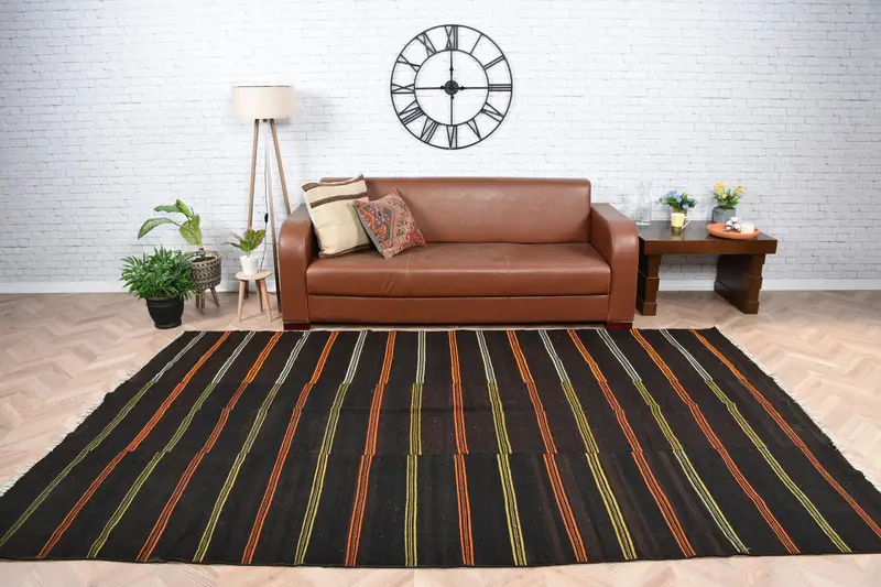 Alfombra turca, alfombra vintage grande de 6,4x10,2 pies, alfombra de lana patchwork negra - 1