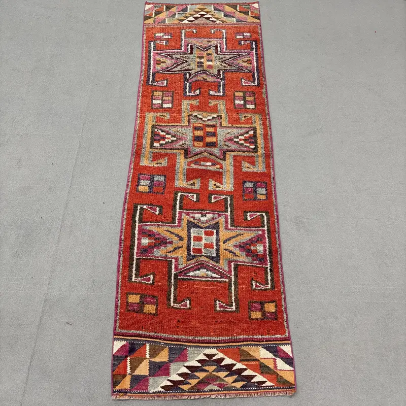 2.8x9.3 ft Vintage Runner Halı, Kırmızı Kahverengi Türk Masif Yün Halı - 1