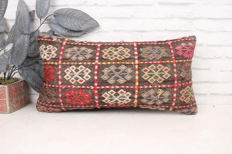 12x24 Brown Cushion Cover, Cotton Pillow, Armchair Cushion, Turkish Pillow, Boho Pillow Sham Cover, Cushion, Vintage Kilim Throw Pillow - 1