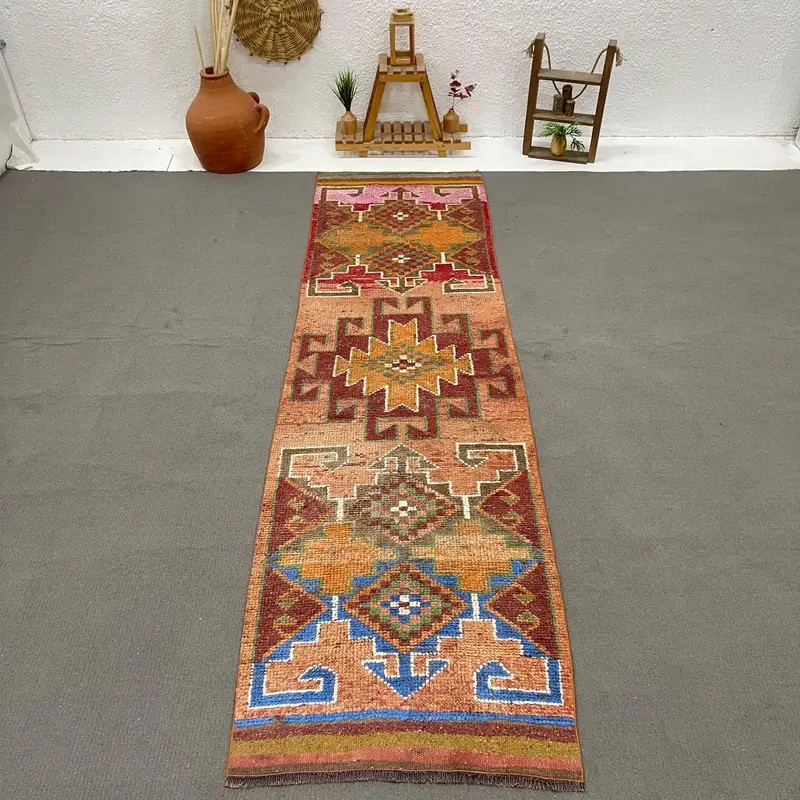 Turkish Vintage Rug, 3x10.6 ft Herki Rug, Red Blue Ikat Wool Rug - 1