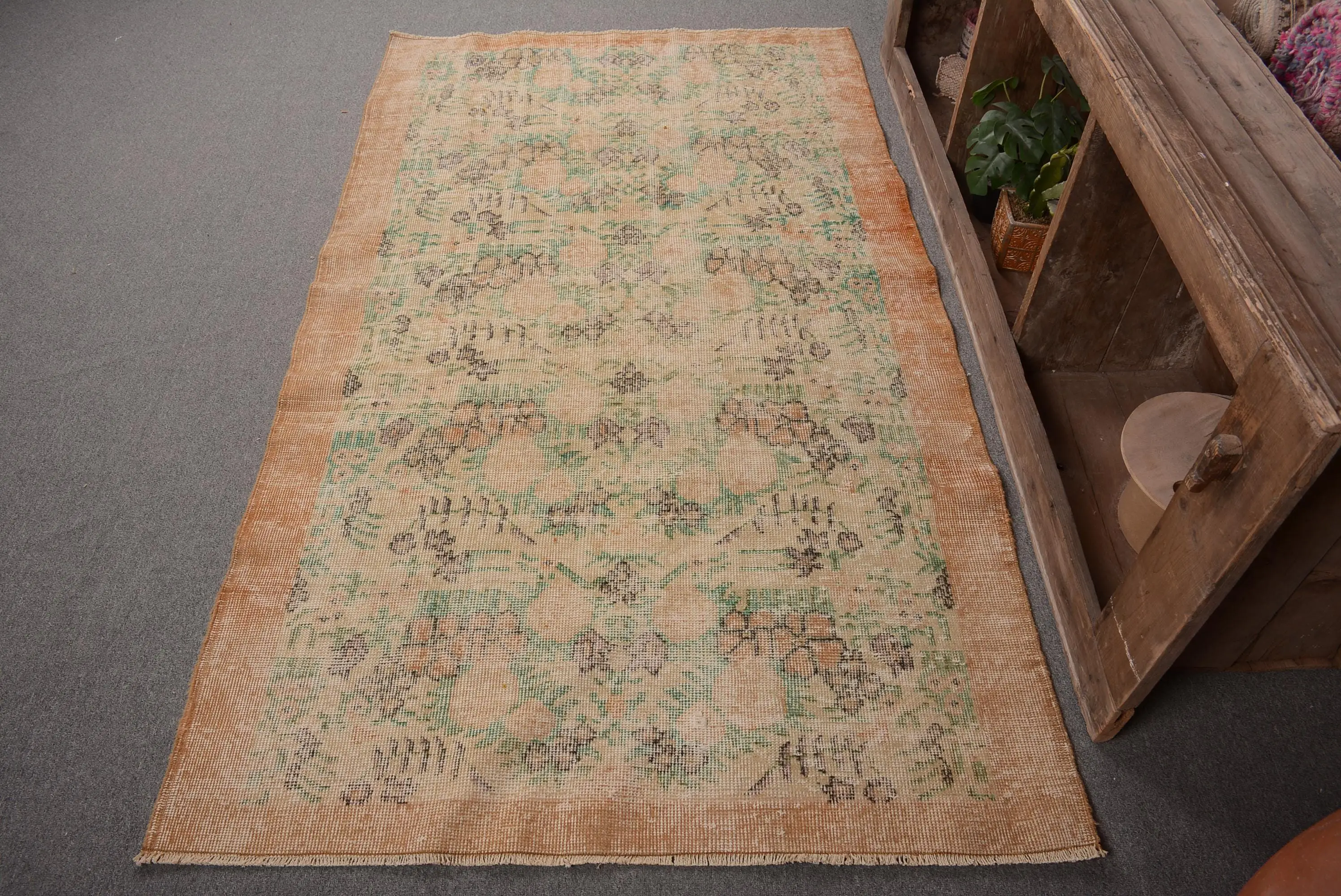 3.9x6.7 ft Vintage Area Rug, Brown Green Turkish Bordered Wool Rug - 1