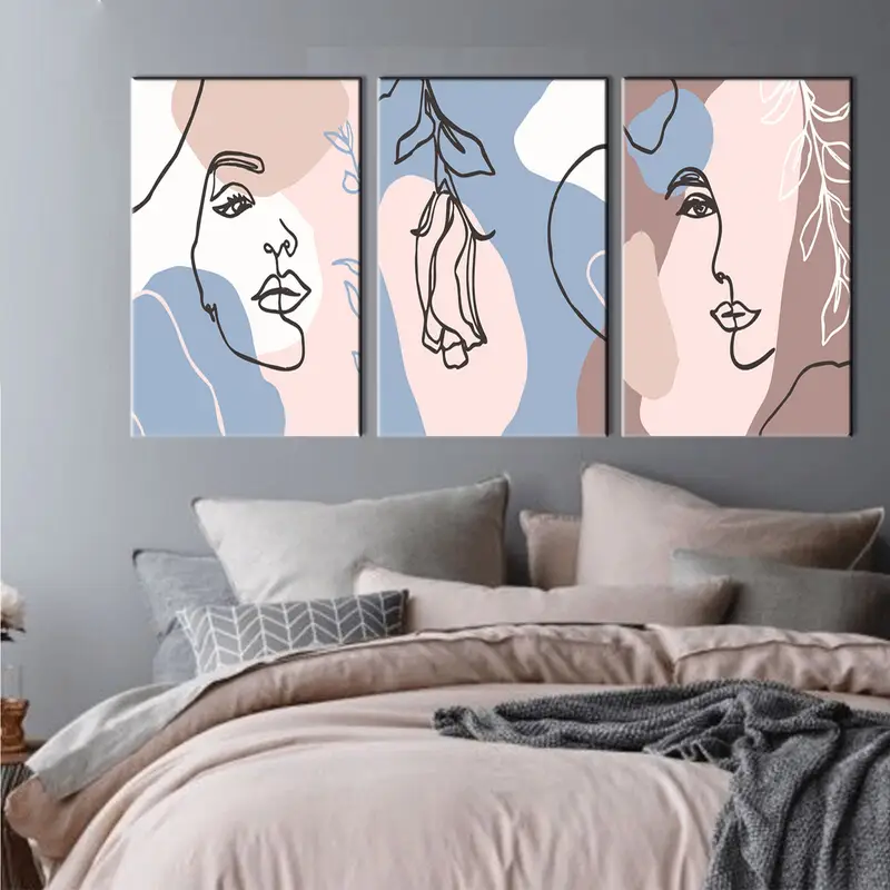 Set of 3 Woman's Face Art, Face Painted Wall Art, Cubism Art Canvas, Canvas Wall Art, Line Art Wall Decor, Abstract Wall Art, Abstract Print - 1