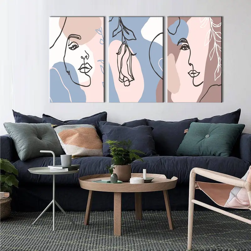 Set of 3 Woman's Face Art, Face Painted Wall Art, Cubism Art Canvas, Canvas Wall Art, Line Art Wall Decor, Abstract Wall Art, Abstract Print - 2