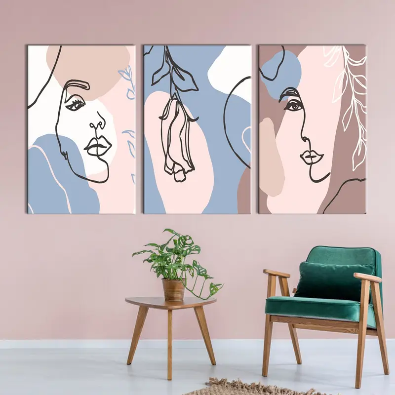 Set of 3 Woman's Face Art, Face Painted Wall Art, Cubism Art Canvas, Canvas Wall Art, Line Art Wall Decor, Abstract Wall Art, Abstract Print - 4