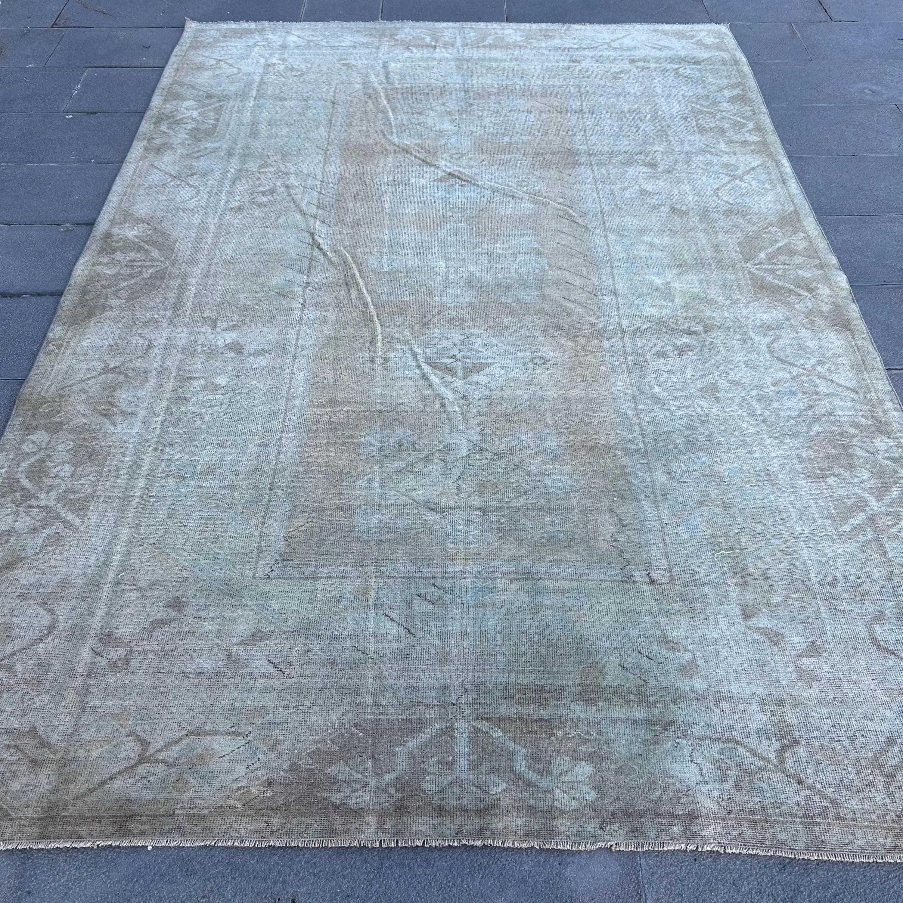 Türk Vintage Halı, 6.3x6.8 ft Halı, Gri Büyük Çizgili Halı - 1