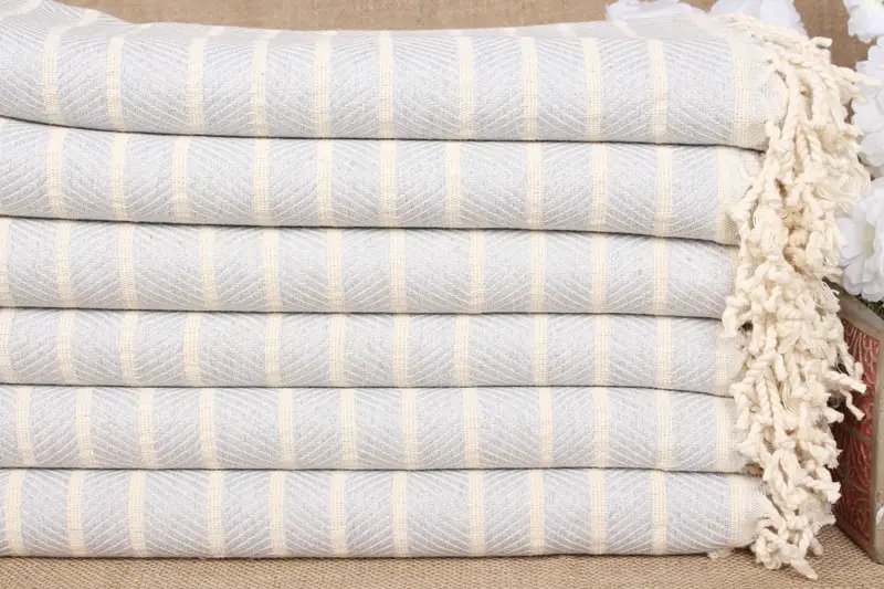 Embroidered Beach Towel Organic Cotton Light Gray Stripes, 40x75 Inches