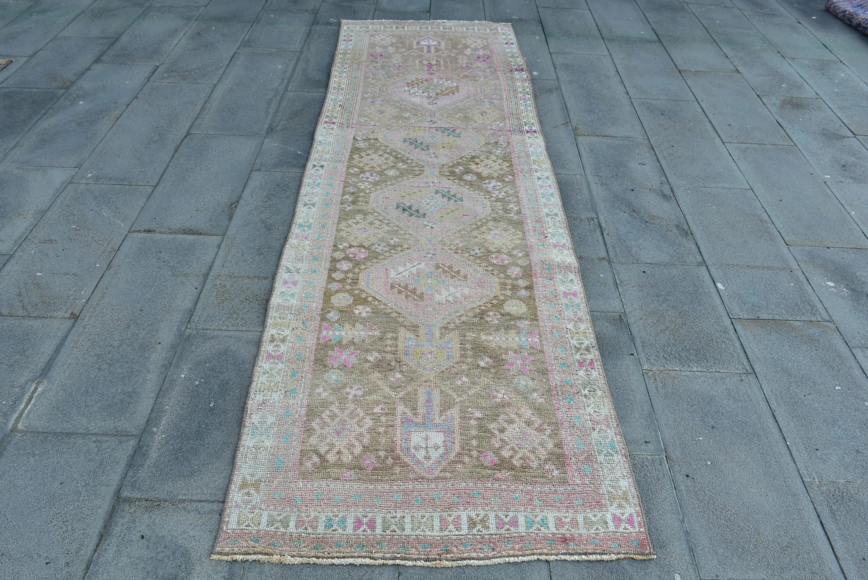 Vintage Rug 2.9x9.6 ft, Pink Brown Wool Turkish Rug - 1