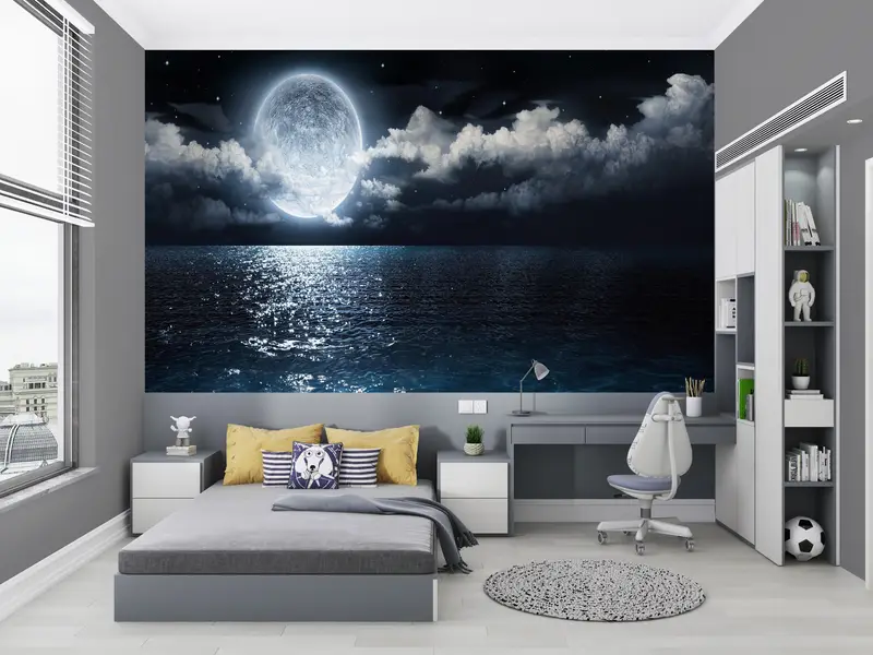 Moderne bedruckte Tapete: Meer und Mond, Vollmondansicht