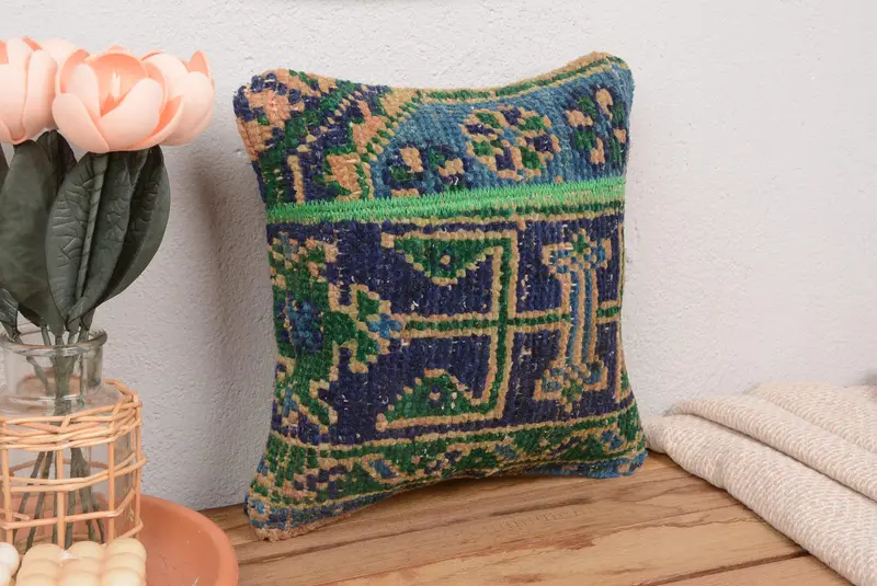 Blaues und grünes Patchwork-Wurfkissen, besticktes Vintage-Kissen