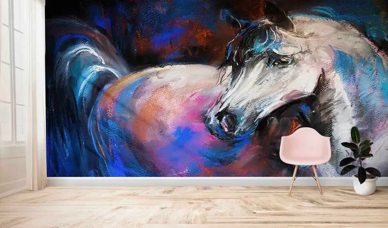 Elegante Tapete mit abstraktem Öldruck eines weißen Pferdes für Pferdeliebhaber