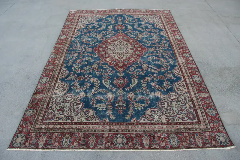 ブルー&レッドラグ、6.3x9.3フィートボーダーデザイン