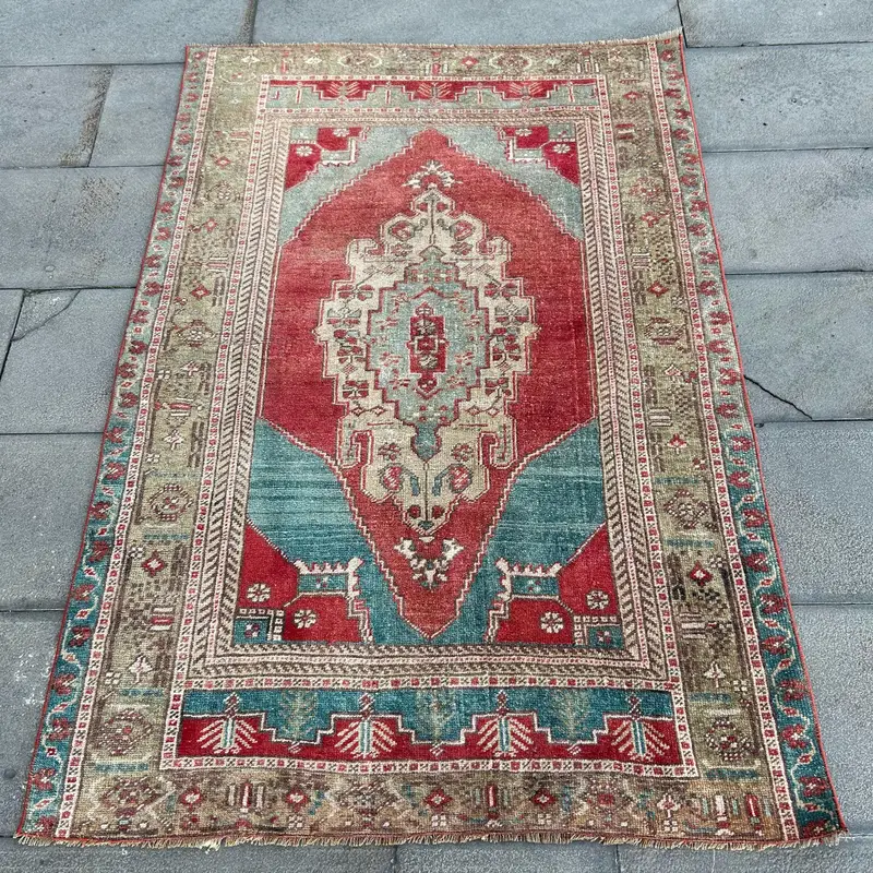 Blue Abstract Rug, 3,4x5,1 ft with Red Accents