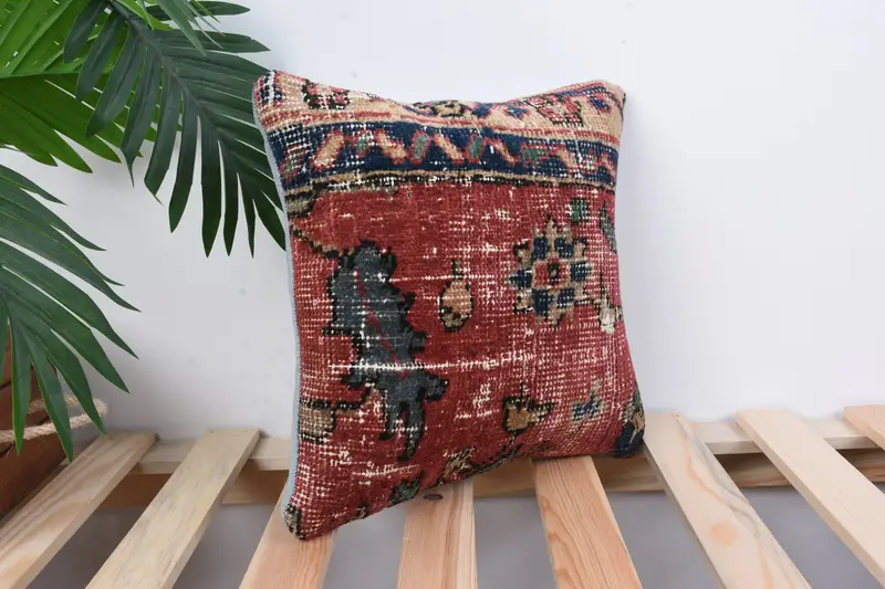 Art Deco Cushion, Turkish Kilim Pillow, Cushion Cover, Antique Pillows, 12x12 Red Pillow Sham, Ethnical Kilim Rug Pillow, Boho Throw Pillow Case - 3