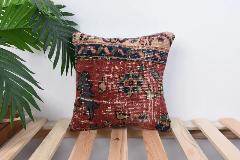 Art Deco Cushion, Turkish Kilim Pillow, Cushion Cover, Antique Pillows, 12x12 Red Pillow Sham, Ethnical Kilim Rug Pillow, Boho Throw Pillow Case - 1