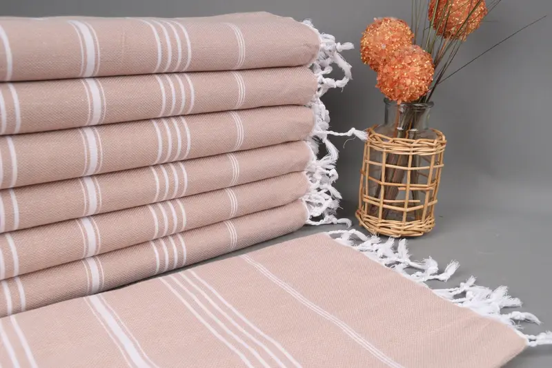 Custom Turkish Towel Milky Brown Striped, Organic Cotton, 40x71 Inches