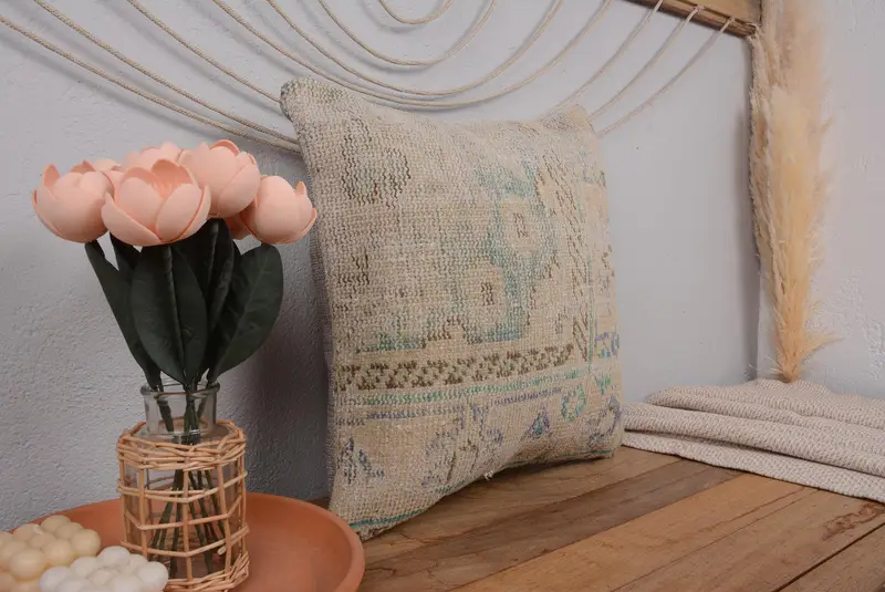 Beige besticktes Southwestern-Wurfkissen, Vintage 18x18 Kissen