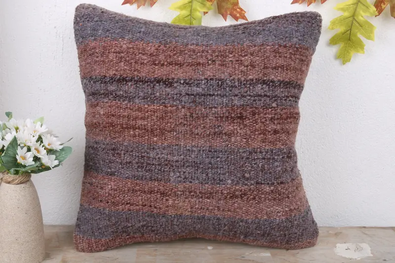 Bolster Pillow, Gift Pillow, Ethnical Kilim Rug Pillow, Pillow Case, Chair Pillow Cover, 16x16 Brown Pillow Cover, Kilim Pillow Cover - 2