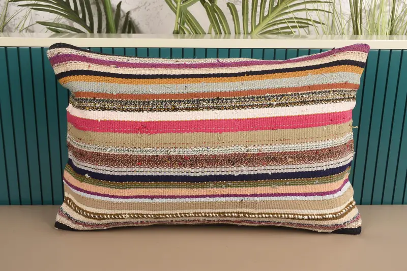 Striped Turkish Cushion Case, Antique TexturedPink 16x24 inch Pillow Cover - 1