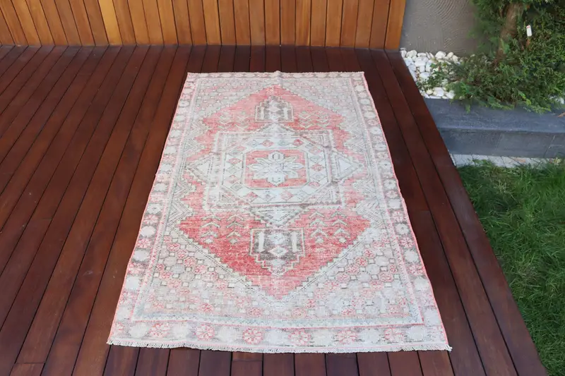 3.4x5.5 ft Vintage Halı, Türk Vurgulu Halı, Kırmızı Gri Fas Halısı - 1