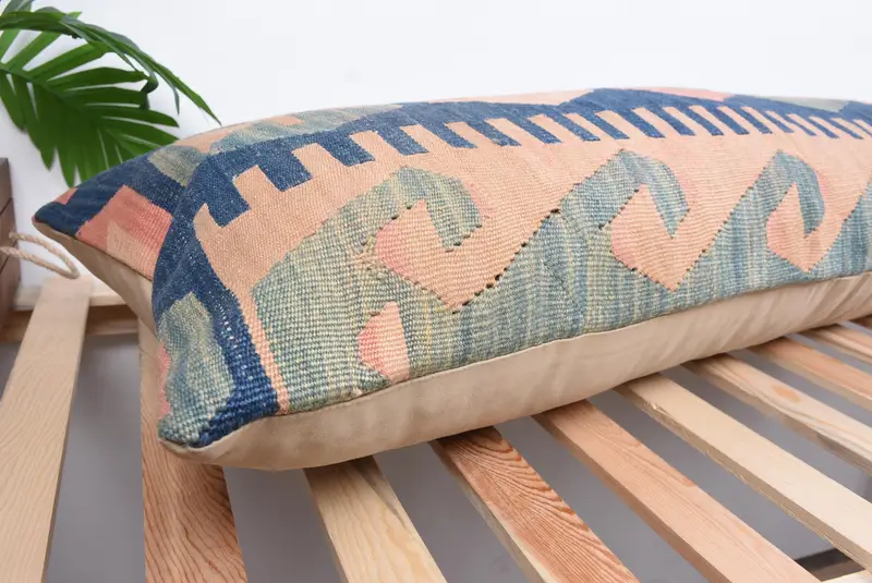 Living Room Throw Cushion, Pillow for Sofa, Cotton Cushion Case, Cushion, Boho Pillow, 16x48 Blue Pillow Case, Kilim Pillow Cover - 6