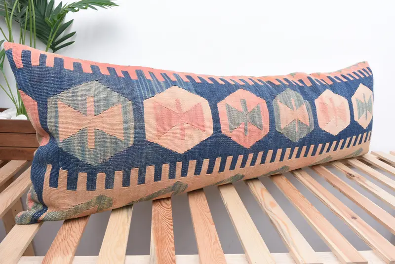 Living Room Throw Cushion, Pillow for Sofa, Cotton Cushion Case, Cushion, Boho Pillow, 16x48 Blue Pillow Case, Kilim Pillow Cover - 4