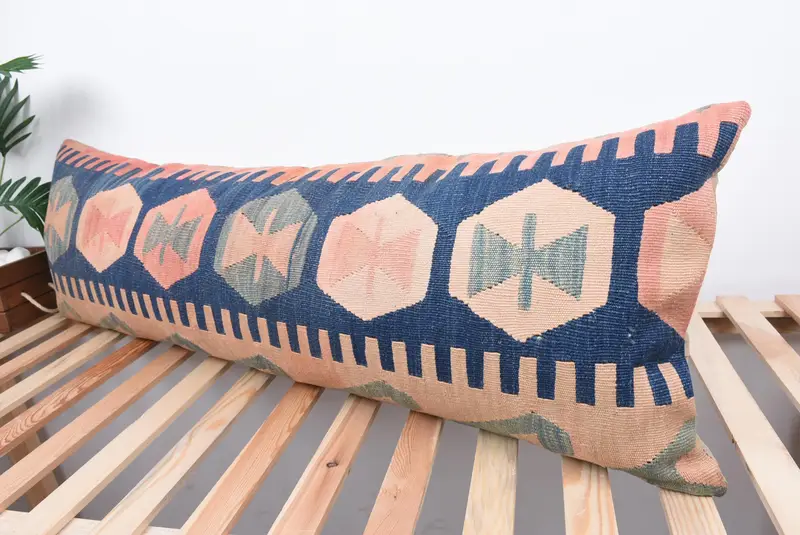 Living Room Throw Cushion, Pillow for Sofa, Cotton Cushion Case, Cushion, Boho Pillow, 16x48 Blue Pillow Case, Kilim Pillow Cover - 5