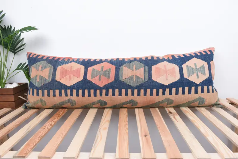 Living Room Throw Cushion, Pillow for Sofa, Cotton Cushion Case, Cushion, Boho Pillow, 16x48 Blue Pillow Case, Kilim Pillow Cover - 1