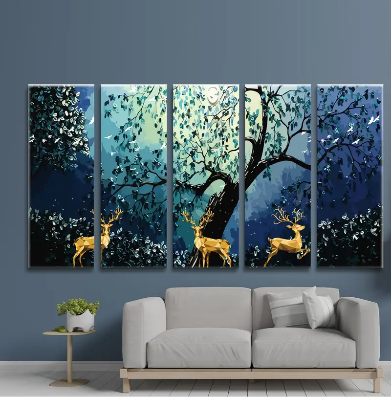 Große Baum- und Mondwanddekoration, goldene abstrakte Hirsche, Wandkunst -Leinwand, Dekoration für Hirsche, Landschaftsdruck, Wohnzimmerwandkunst, Mondwandkunst - 4