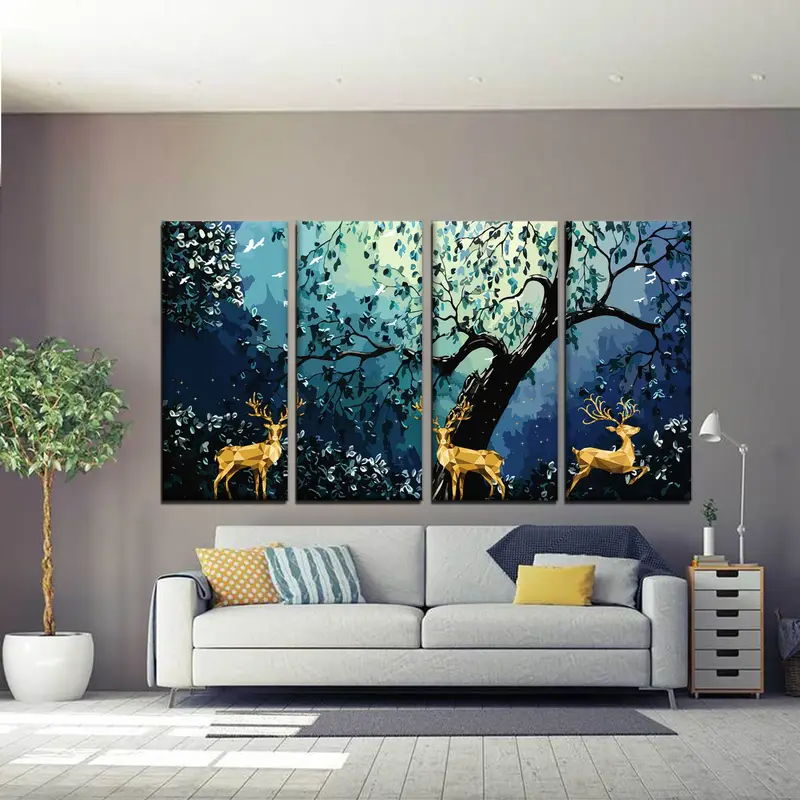 Große Baum- und Mondwanddekoration, goldene abstrakte Hirsche, Wandkunst -Leinwand, Dekoration für Hirsche, Landschaftsdruck, Wohnzimmerwandkunst, Mondwandkunst - 6