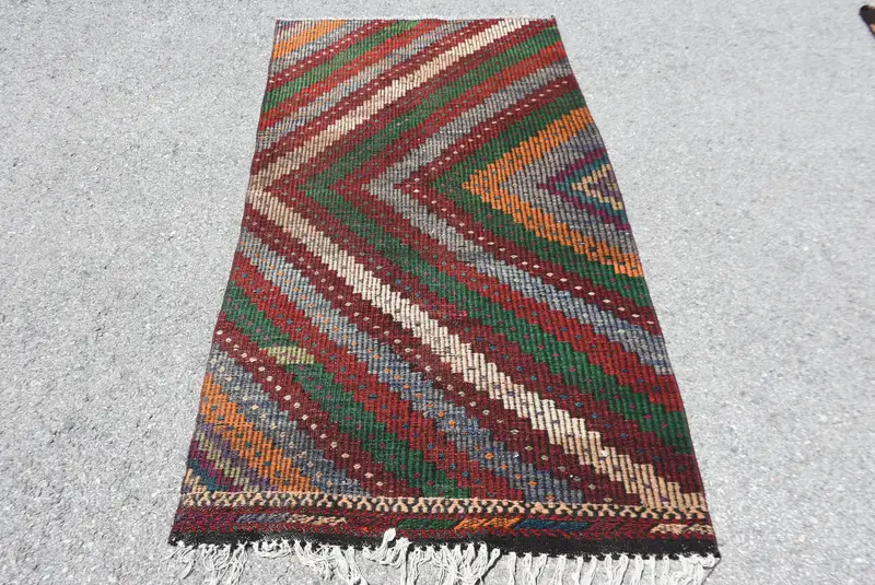 Turkish Accent Rug 3.2x6.3 ft, Red Abstract Vintage Wool Rug - 1