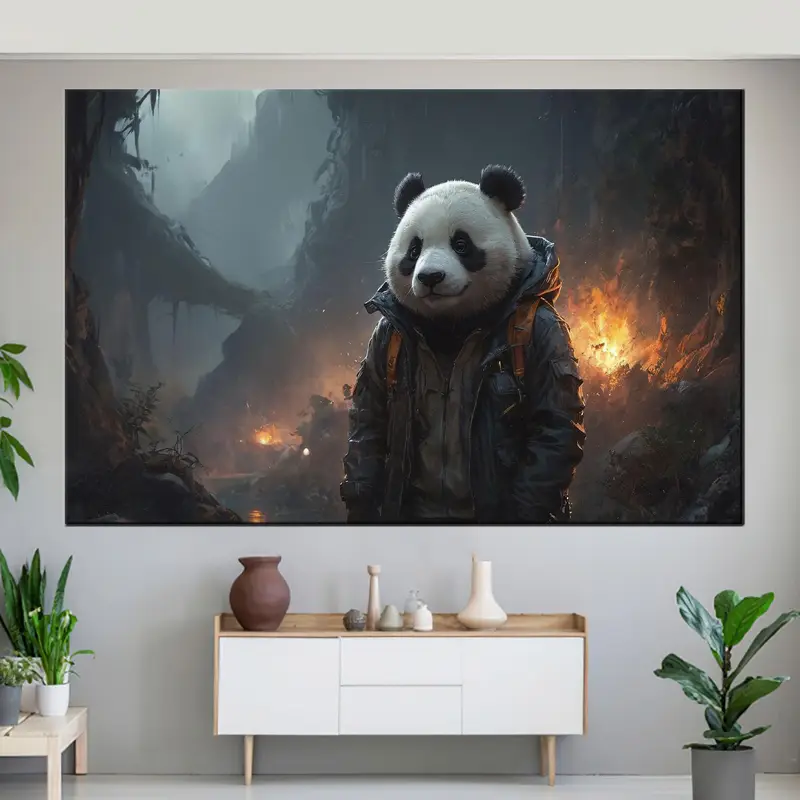 Elegant Surrealism: Panda Wearing Jacket Abstract Canvas Print