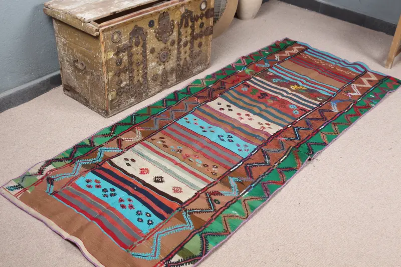 Alfombra elegante marrón y azul, diseño de lunares de 2,9x7,2 pies