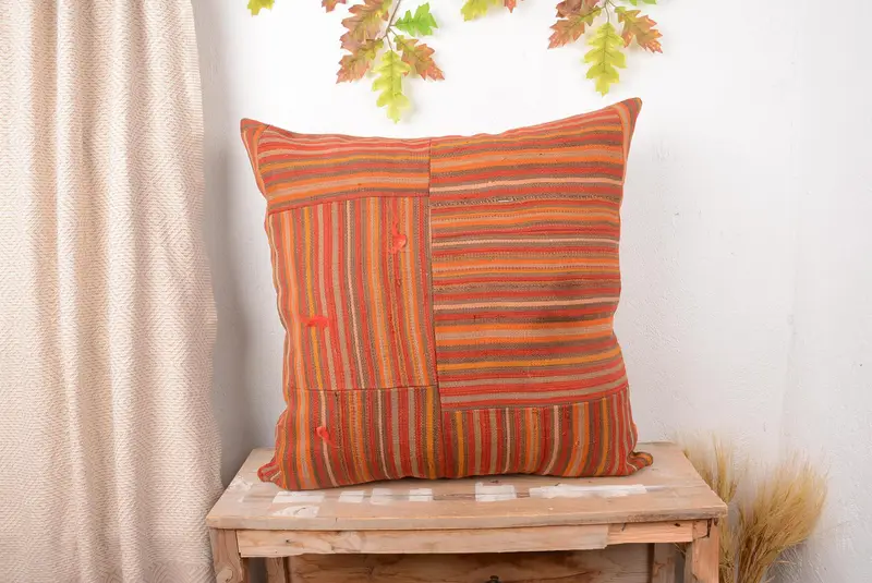 Orange & Red Patchwork Throw Pillow, 28x28 Embroidered Cushion