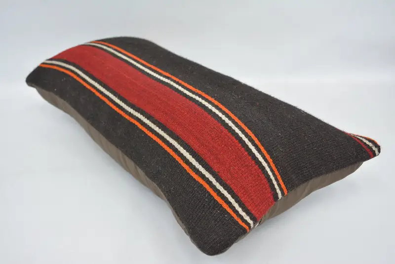 Brown & Orange Embroidered Throw Pillow, 12x24 Inches, Geometric Pattern - 6