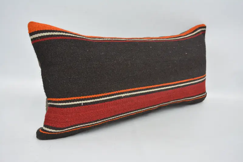 Brown & Orange Embroidered Throw Pillow, 12x24 Inches, Geometric Pattern - 3