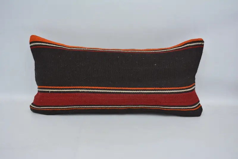 Brown & Orange Embroidered Throw Pillow, 12x24 Inches, Geometric Pattern - 1