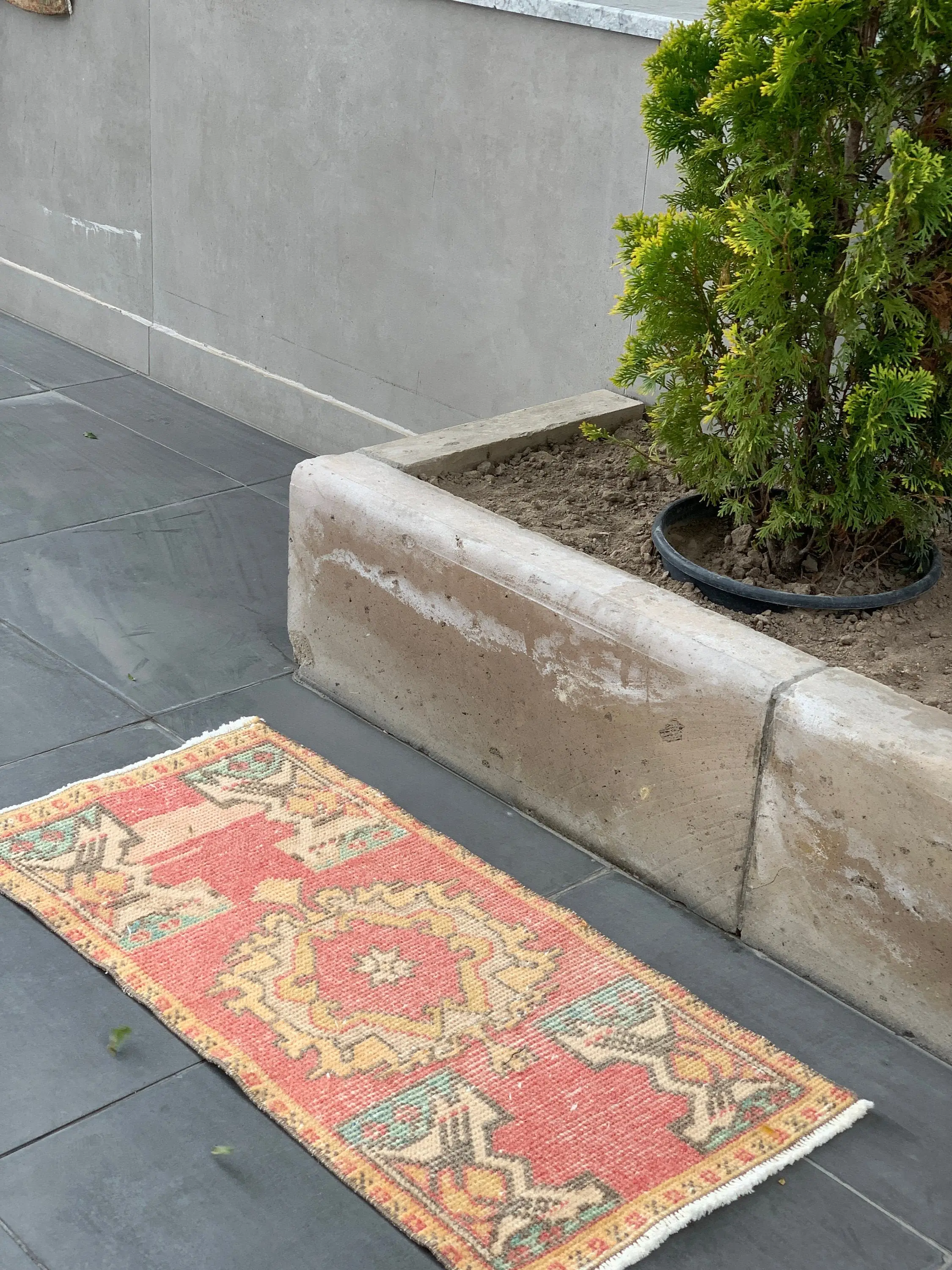 1.5x3 ft Rug, Turkish Vintage Rug, Red Yellow Floral Rug - 1