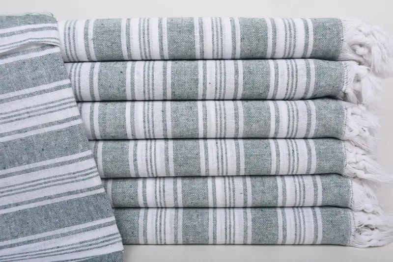 Beach Towel Handmade Turkish Organic Cotton Dark Green Striped, 67x32 Inches