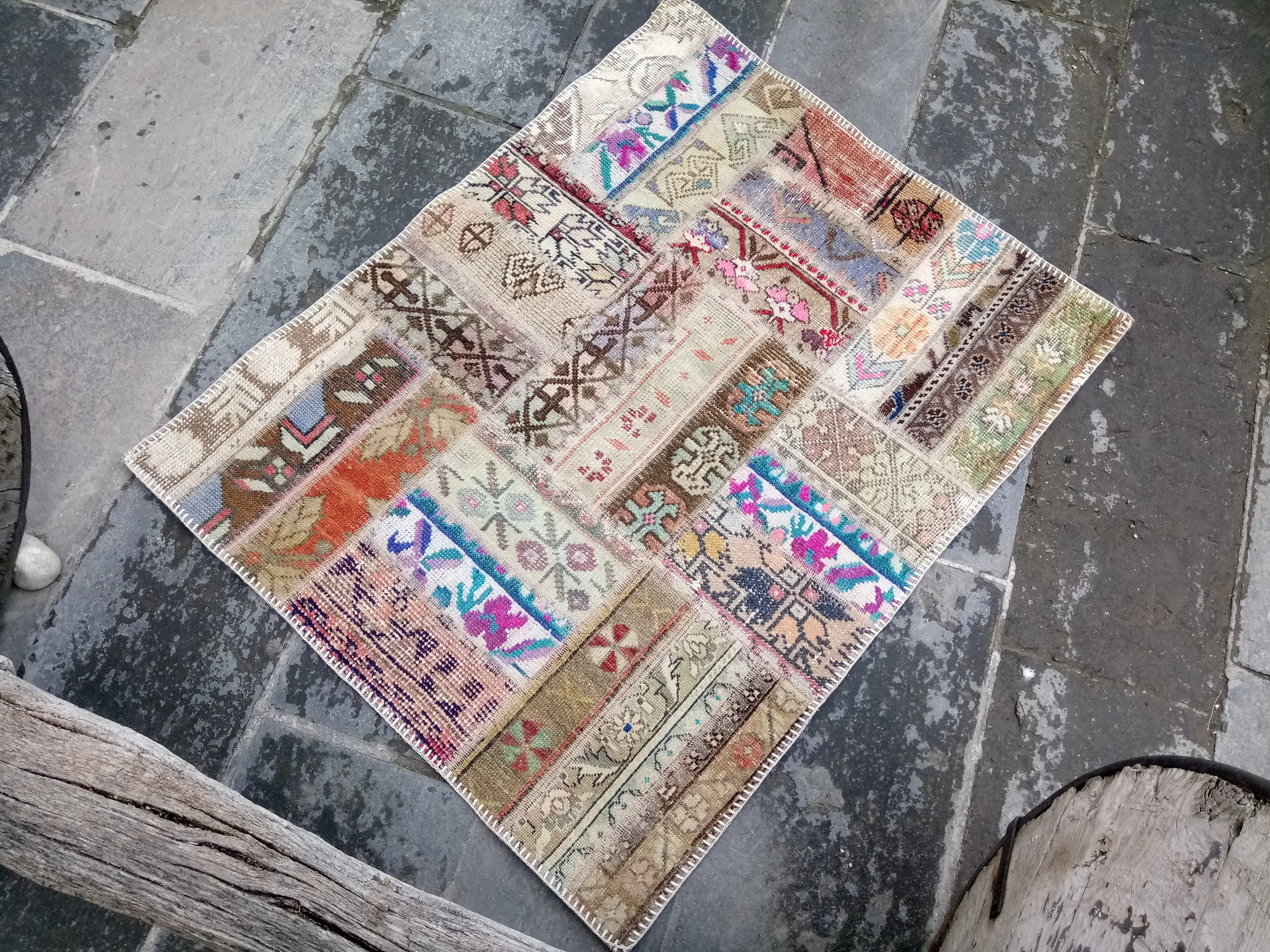 3x0,3 ft kleiner türkischer Teppich, rot-blauer Vintage-Patchwork-Teppich - 1
