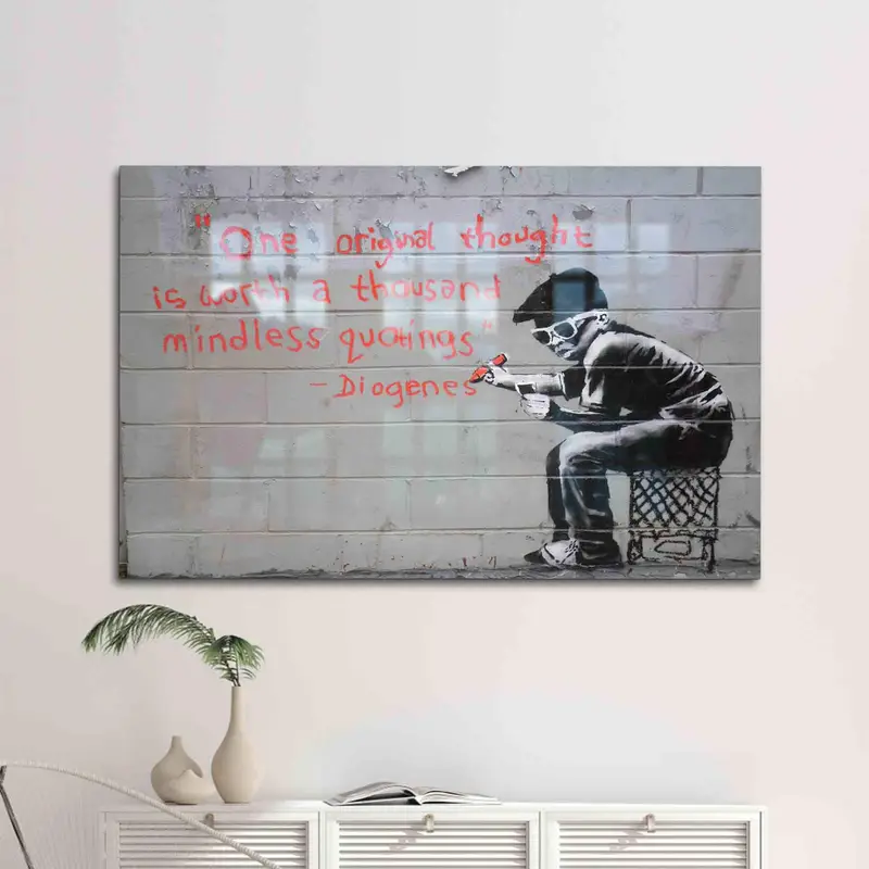 エレガントなプリントガラス: モダンなインテリアのためのバンクシーのグラフィティアート