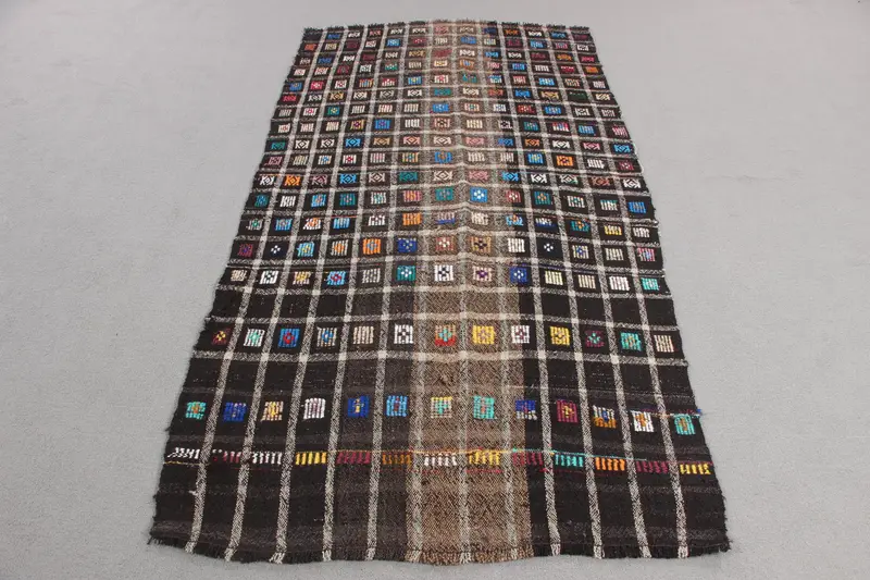 Siyah & Bej Halı, 3,8x7,3 ft Geometrik Çiçek Desenli